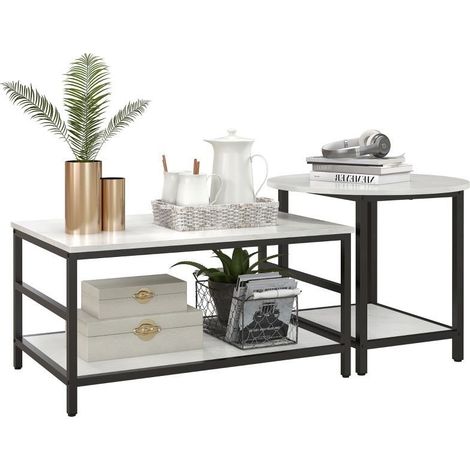 Ensemble de deux tables d’appoint à aspect marbré noir et blanc, structure en acier équipée de pieds ajustables pour une stabilité optimale