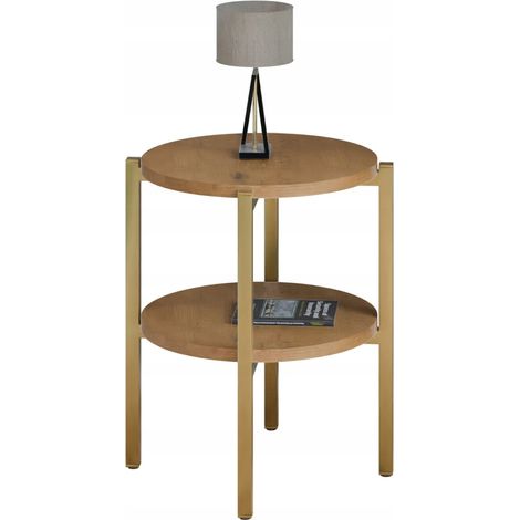 Table de chevet ronde moderne avec étagère 35x35x46 cm métal doré (1/5)