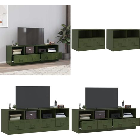 TV-Schränke 2 Stk. Olivgrün 67x39x44 cm Stahl - TV-Schrank - Fernsehtisch - Wohnzimmermöbel - Stahlschrank - Sideboard - Home & Living (1/5)