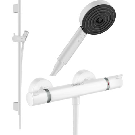 HANSGROHE Pack mezclador termostático de ducha Ecostat Comfort + barra Unica + flexible + rociador Pulsify Select 3 jets blanco mate