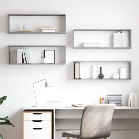 Lot de 4 Étagères cube murales Étagère de Rangement - Meuble de rangement Gris béton 80x15x26,5 cm Aggloméré BV773464 - BonneVie (1/5)