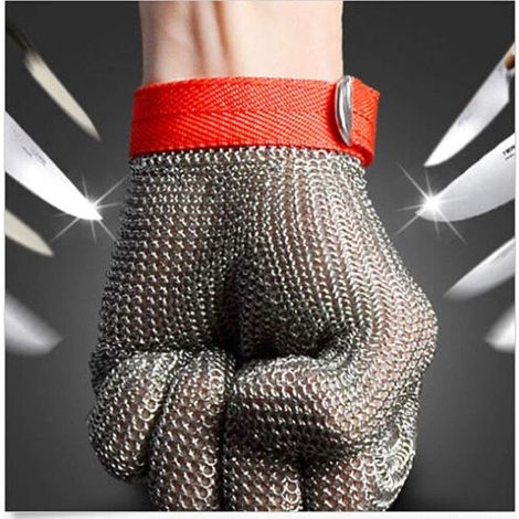 Gant de boucher ambidextre de sécurité anti-coupures en acier inoxydable avec maille métallique et protection de niveau 5 (1/5)