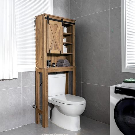 COSTWAY Meuble WC au-Dessus de Toilettes en Bois 4 Étagères avec Porte Coulissante, Meuble de Rangement Industriel de Salle de Bain avec Dispositif Anti-basculement, 25 x 67 x 172 cm, Marron (1/5)