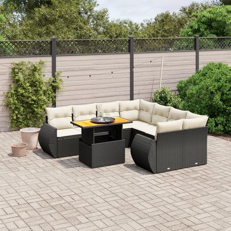 Ensemble Salon Jardin 9 Places Résine Tressée Noir avec Coussins Crème - Table Réglable et Design Modulaire (1/3)