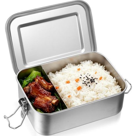 Bento Box aus Edelstahl 850 ml Lebensmittelbehälter mit Deckel Lunchbox aus Metall für Erwachsene Verschlussclips Trennwand (1/5)