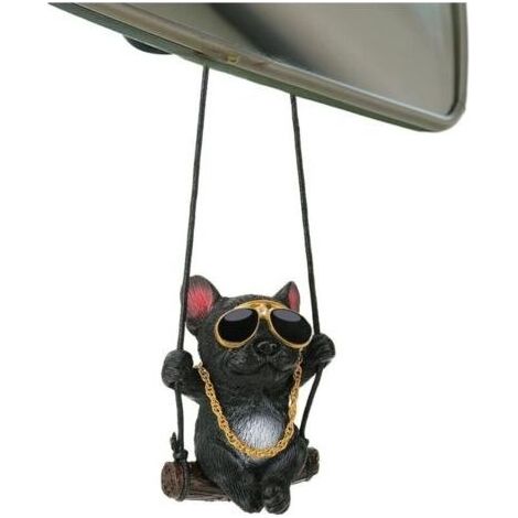 Pendentif rétro pour rétroviseur voiture, bouledogue noir avec lunettes et chaîne dorée, décoration créative suspendue (1/5)