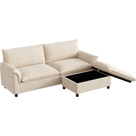 Sofá Modular con Reposapiés Almacenaje, Función Cama, Chenilla Beige, 216 x 77 x 82 cm (1/5)