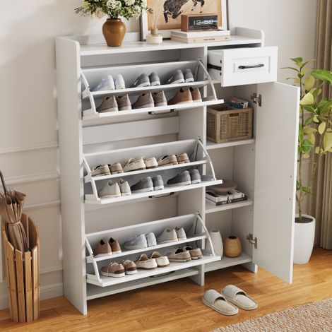 Scarpiera moderna con ripiani regolabili, maniglia nera, un cassetto, tre vani a ribalta e un'anta, colore bianco, dimensioni: L92/P24/H121 cm. (1/5)