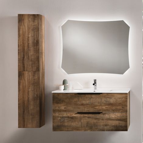 Mobile da bagno sospeso 100 cm e specchio retroilluminato LED BALI Tabacco (1/5)