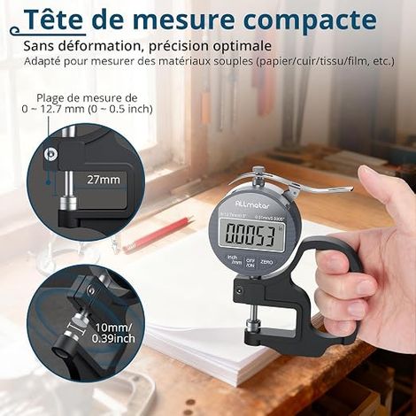 Comparateur Jauge d'épaisseur numérique 0-12,7 mm Résolution 0,01 mm pour Artisanat de Cuir, Couture, Tissus, Films et Matériaux Souples (1/4)