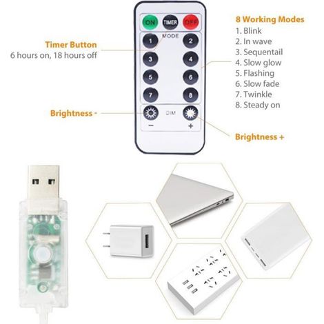 Rideau Lumineux - 300 LED Blanc Chaud - 3 x 3 m - 8 Modes Éclairage - USB Rechargeable - Minuterie 6/18 H (1/5)