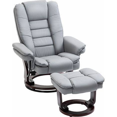 Recliner Chair With footstool, Recliner Armchair up to 130kg Weight Capacity, 135° Reclining Swivel Sofa Chair, PU Lear Ergonomic Couch Bed with Swivel Wood Base for Living Room, Grey (1/5)