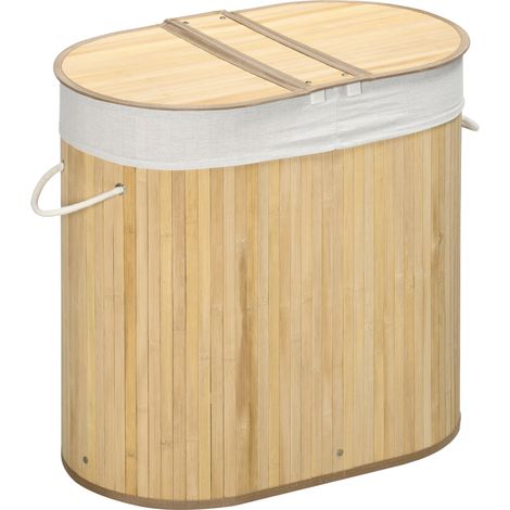 Cesto de ropa con tapa de bambú natural 2 compartimentos y forro extraíble 100 L (1/5)
