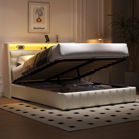 Letto Matrimoniale Imbottito 160x200 cm con Luce LED, Porte USB, Contenitore e Schienale Regolabile - Bianco (1/5)