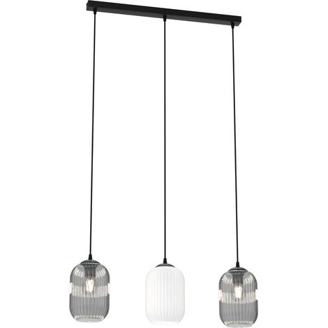 Lampadario 3 Luci Verdi In Acciaio Nero E Vetri Plissettati In Bianco E Fumè (1/4)