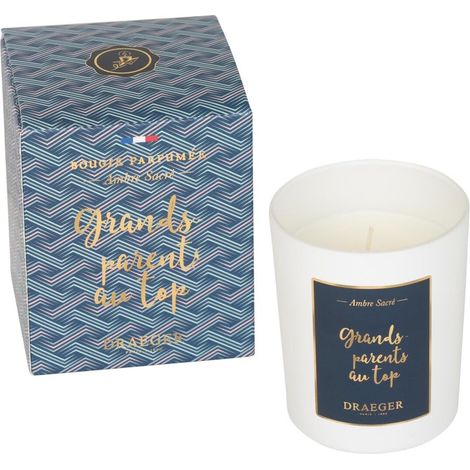 Bougie Cadeau blanche Parfumée Ambre sacré "Grands-parents au Top" Idée Cadeau pour Famille, Grands-Parents Pot en verre Made in France 100% Cire Végétale 40h de combustion (1/5)