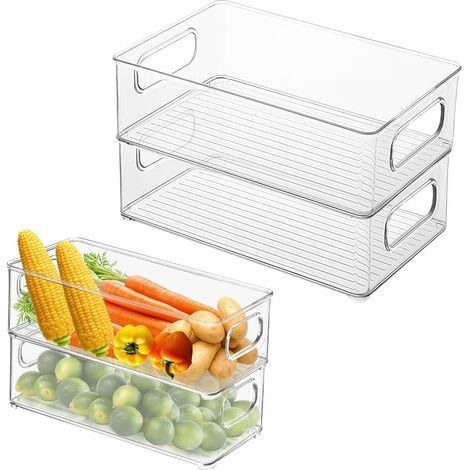 Set di 4 organizer per frigorifero, scatole impilabili con maniglie, contenitori trasparenti per frigorifero e pensili della cucina. (1/5)