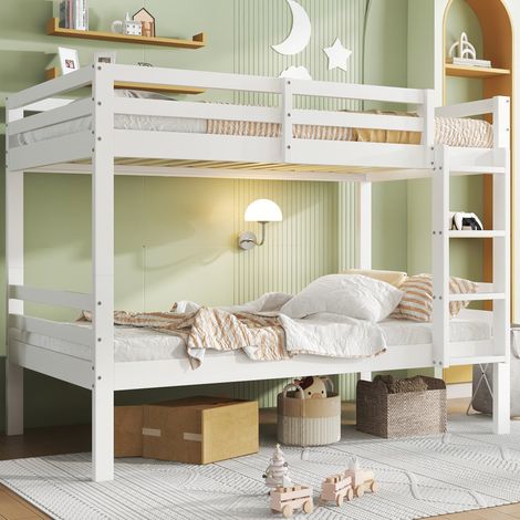 MEUBLIV Lit superposé enfant en bois de pin blanc avec échelle inclinée à 3 marches et barrière de sécurité convertible en deux lits 90 x 200 cm (1/5)