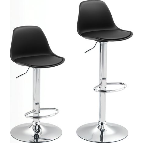 Lot de 2 tabourets de bar réglables en hauteur avec assise en simili cuir noir et piètement en acier chromé (1/5)