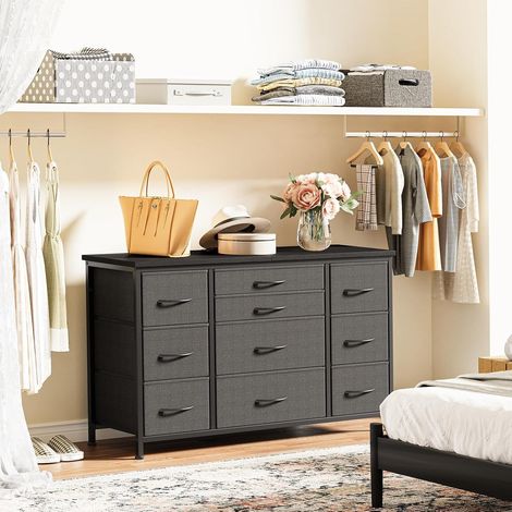 Commode à 10 Tiroir en Tissu, Commode De Chambre, Meuble TV avec Station De Charge, Meuble De Rangement pour Salon, Chambre d'enfant ,121x39x70cm(gris) (1/5)
