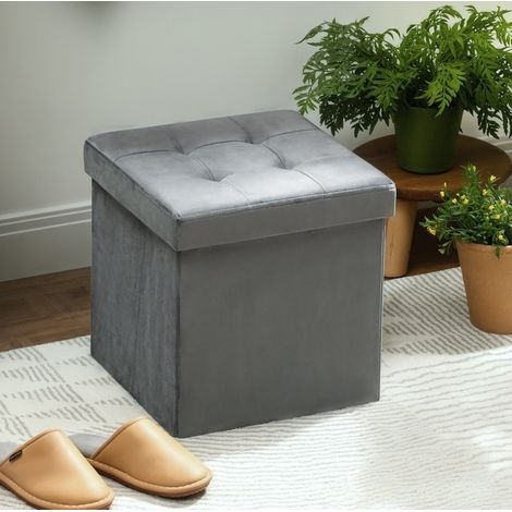 Puf de almacenaje (38x38x38 cm), plegable, asiento acolchado, 37.6 L, poliéster gris (1/5)