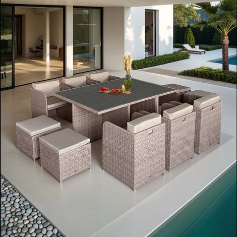 Table et fauteuils de jardin encastrables en résine tressée 10 places KUBO