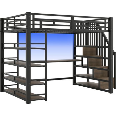 Letto a soppalco in metallo 140x200 con scala, scrivania e ripiani, nero (1/5)