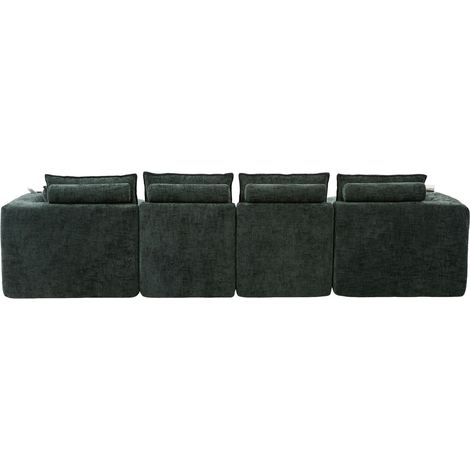 Sofá modular de 4 plazas en chenilla verde oscuro con 2 pufs y cojines (1/5)
