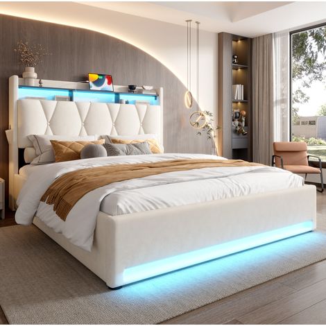 Letto matrimoniale contenitore 221x150x116.5 cm, testiera con ripiano, LED, USB e Type-C, velluto beige (1/5)
