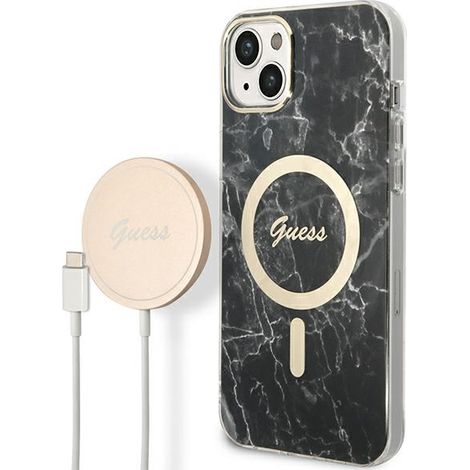 Conjunto Guess GUBPP14MHMEACSK Funda + Cargador para iPhone 14 Plus / 15 Plus 6.7 negro/negro carcasa rígida Marble MagSafe (1/5)