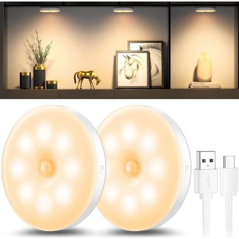 Veilleuse Led, Magnétique lampe detecteur de mouvement interieur avec tampons adhésifs gratuits, Coller n'importe où, Capteur sans fil USB rechargeable Blanc chaud Paquet de 2 (Auto) (1/5)