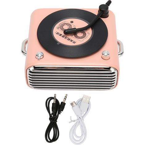 Enceinte Bluetooth 5.0 Style Platine Vinyle Rétro Classique, Haut Parleur Sans Fil Volume Puissant, Rose (1/5)