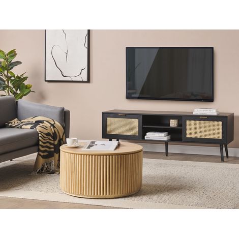 GIANTEX Mobile TV 55'' Con Rattan PE E 2 Armadi | 120x40x50cm, Legno Massello Per Soggiorno