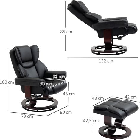 Fauteuil relax pivotant avec repose-pieds, simili cuir noir, inclinable pour salon, TV, lecture et détente, mécanisme 360° (1/5)