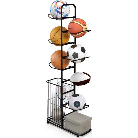 COSTWAY 7-stufiger Ball Lagerregal, Basketballhalter aus Metall mit abnehmbaren Hängestangen & Augbewahrungskorb, Sportgeräte-Organizer Ausstellungsständer für Garage, Zuhause (1/5)
