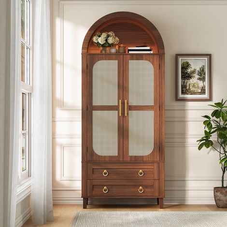 Vaisselier Buffet haut 76x40x179.5 cm rotin avec LED connectée et tiroirs - meuble de rangement vintage bois noyer - meuble de cuisine (1/5)