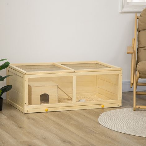 Cage Hamster Toit Pliant Panneau Acrylique Amovible Plateau Cabine Animaux Compagnie Bois Naturelle 100x58x38cm