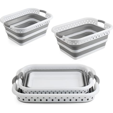 Set 2 Ceste Portabiancheria Pieghevoli 24L e 39L, Cesti Salvaspazio in Plastica e Silicone con Maniglie, Ceste Bucato Richiudibili Grigio Bianco per Bagno Lavanderia Casa (1/5)