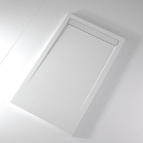 Mineralguss-Duschwanne extra flach CLEVER Schieferoptik WEIß 90x180 cm Auslaufschutz in Farbe