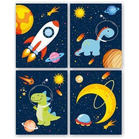 Lot de 4 Poster Pour Chambre D'Enfant/Bébé,Affiche de Planète Fusée,Affiches Espace Enfants,Impression D'art Mural Dinosaures,Tableaux Décoratifs Pour Garçon Chambre,Sans Cadre ,2025cm (1/5)