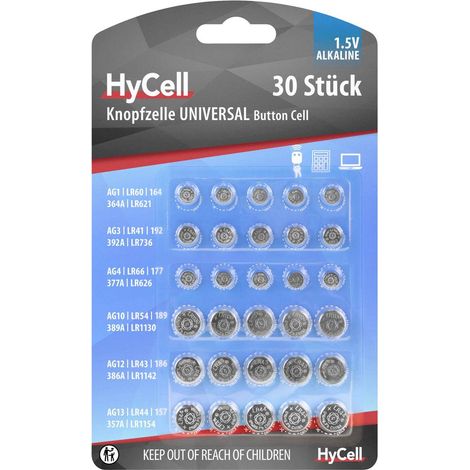 Lot de 30 piles bouton alcalines AG 1, AG 3, AG 4, AG 10, AG 12, AG 13 – Tension 1.5V – Pour montres, jeux, télécommandes – Hycell Gmbh (1/4)