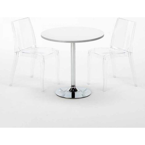 Mesa Redonda Blanca 70x70 cm y 2 Sillas De Colores Transparentes Cristal Light Silver - Transparente (1/5)