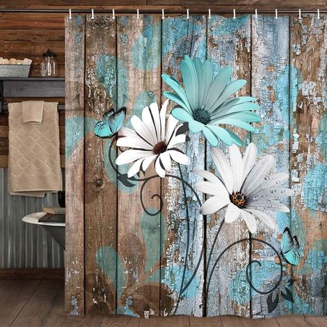 Rideau de douche à motif de fleurs champêtres, marguerites rustiques bleu-vert et turquoise, rideau de douche en tissu avec crochets en forme de plante sauvage dans des tons bleus champêtres, rideau d (1/4)