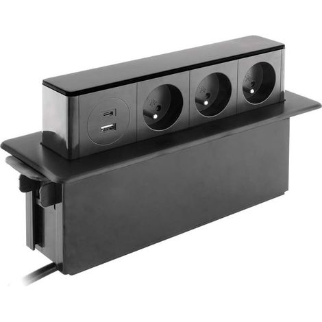 Bloc multiprise encastrable 3X 16A 2P+T + 2 Ports USB - Noir