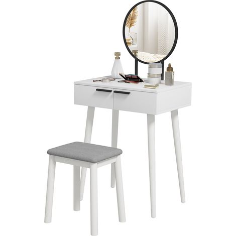 Modern Dressing Table with Round Mirror Stool, Makeup Vanity Table with 2 Drawers for Bedroom, Living Room, 60 x 40 x 123 cm, White (1/5)