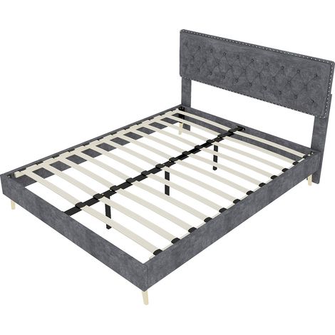 Cama baja moderna 140 x 200 cm gris de tela con cabecero acolchado HOMVRA (1/5)