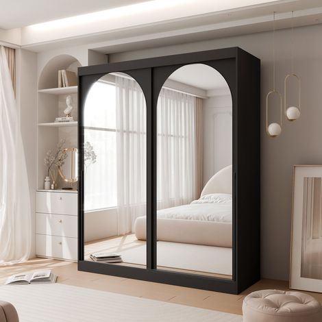 Armoire CLARITY - 7 compartiments - avec miroir - 180x65x215 cm - Noir / Poignées noires (1/5)