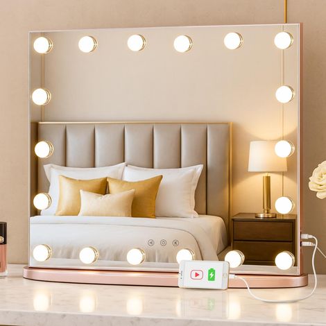 Miroir de maquillage avec lumières - Miroir de maquillage lumineux avec 18 ampoules LED pour chambre à coucher - 3 modes d'éclairage de couleur - Plateau de table (1/5)