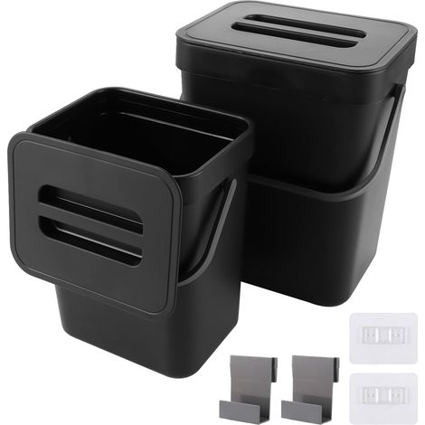 Lot de 2 bacs à déchets biologiques de cuisine (3 l + 5 l) - En plastique - Avec couvercle suspendu - Convient pour la cuisine, la salle de bain, le bureau, la chambre à coucher - Noir (1/5)