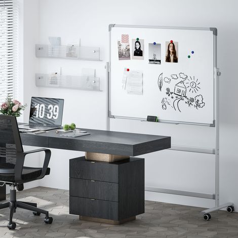 Tableau blanc magnétique double face effacable rotatif mobile avec support. aimants. marqueurs. gomme et roulettes
